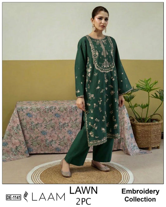 LAAM Lawn 2peace fully embroider shirt with plan trouser